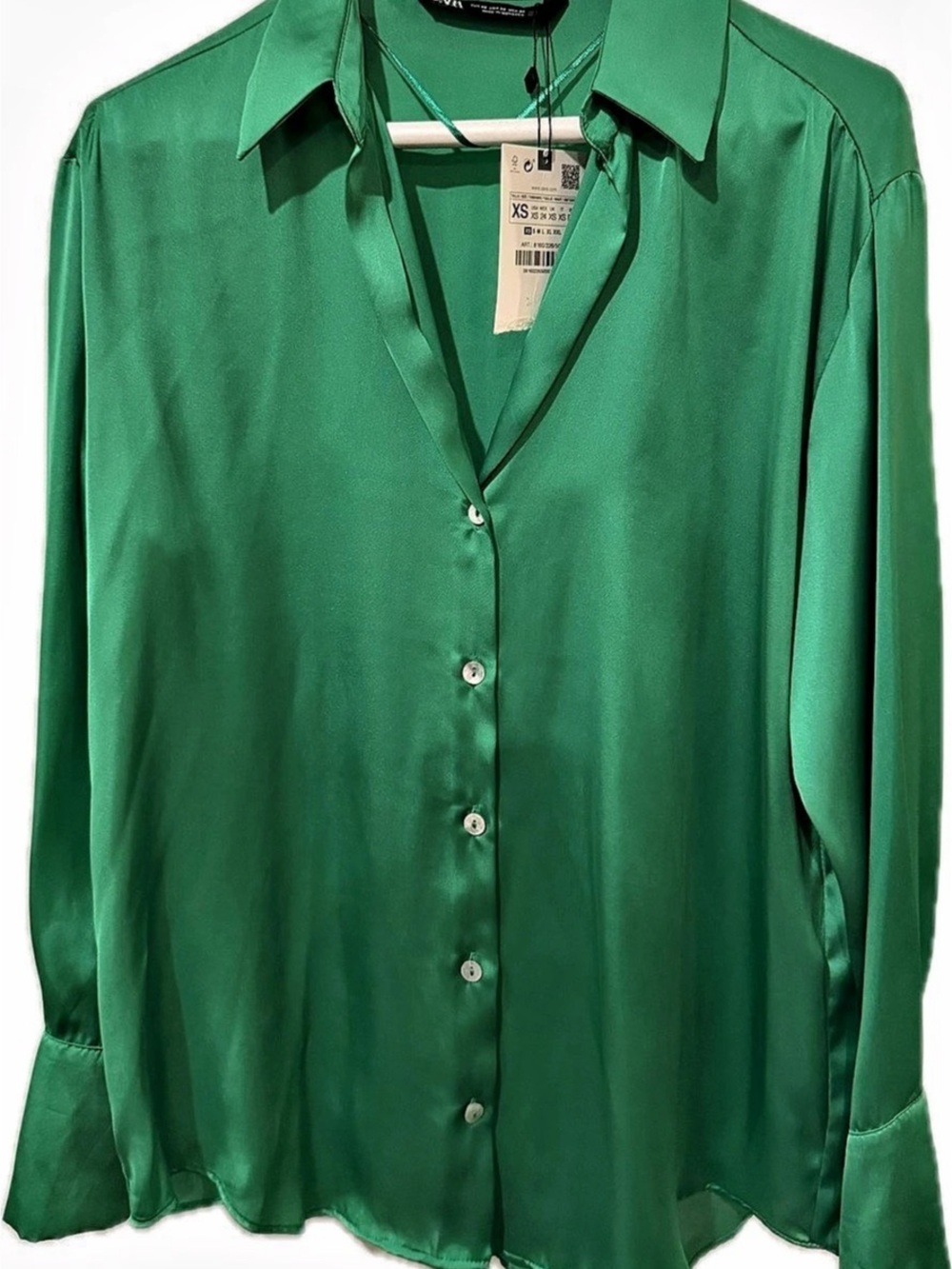 Zara Satin Effect Shirt Green Button Down Shirt Size XS NWT